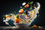 Bowl full of fresh fruits and vegetables being splashed into the air. Generative AI.