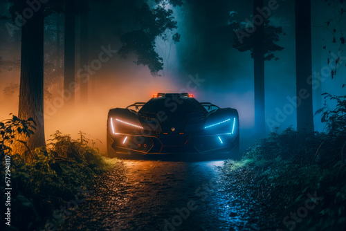 Futuristic car driving through forest at night. Generative AI. © valentyn640