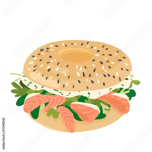 Bagel illustration with red fish salmon.Breakfast vector illustration for menu, brochures, posters