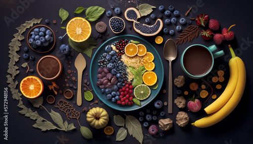 Plate of fruits and vegetables arranged on dark background. Generative AI.