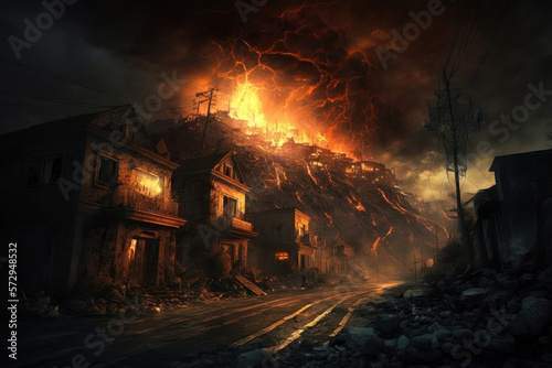 An image of an apocalyptic city with fire and smoke coming out of it. Generative AI.