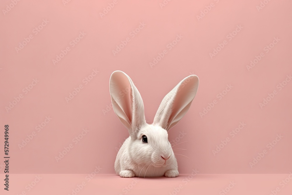 White bunny on pastel pink background. Ai generative.