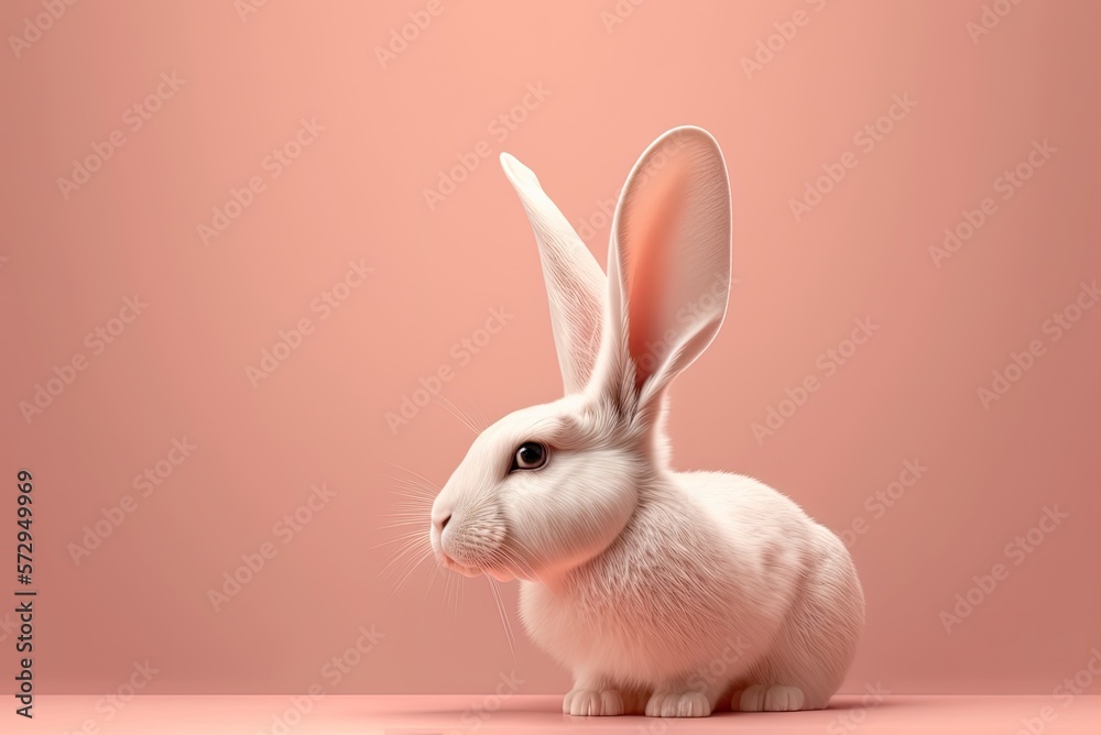 Obraz premium White bunny on pastel pink background. Ai generative.