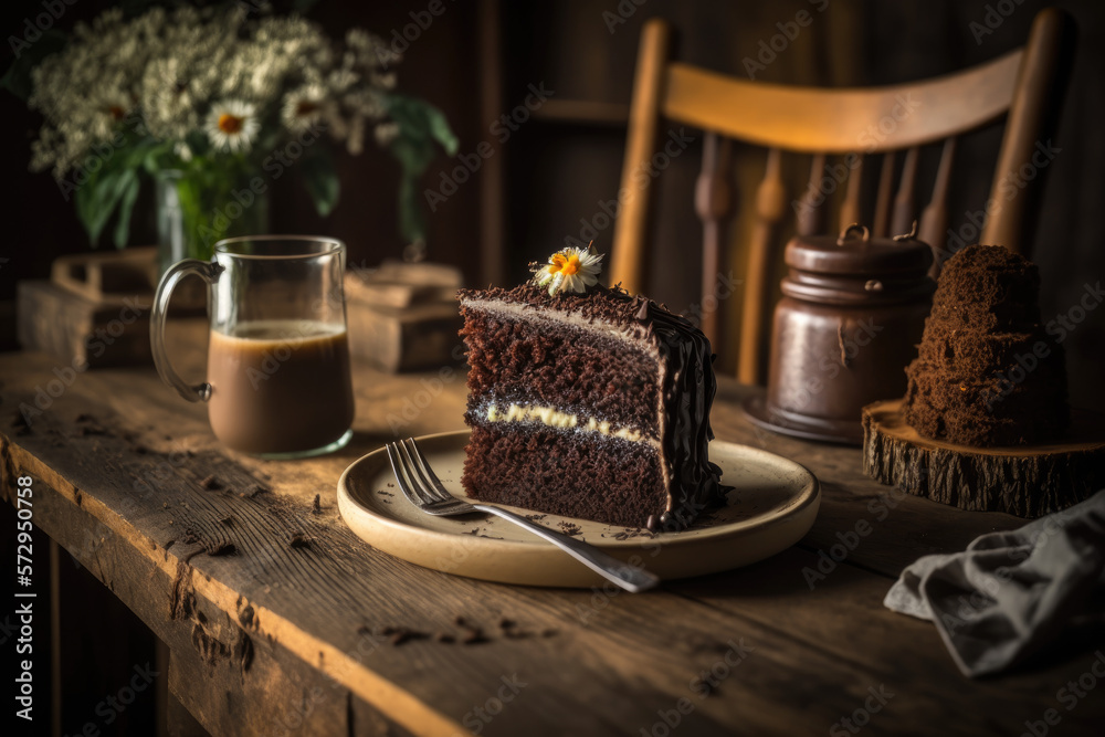 Plate with slice of tasty chocolate cake on table, Sweet, Homemade bakery concept. generative AI illustration.