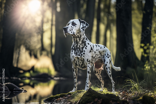 Dalmatian dog portrait on a sunny day in the forrest