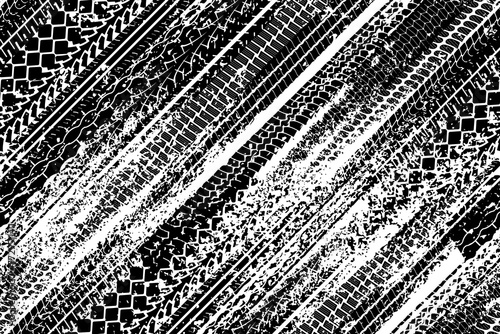 Diagonal black tire tread print or car track with grunge effect seamless pattern. Footprint of bike or vehicle wheels with texture. Top view of rubber protector marks on road. Vector background