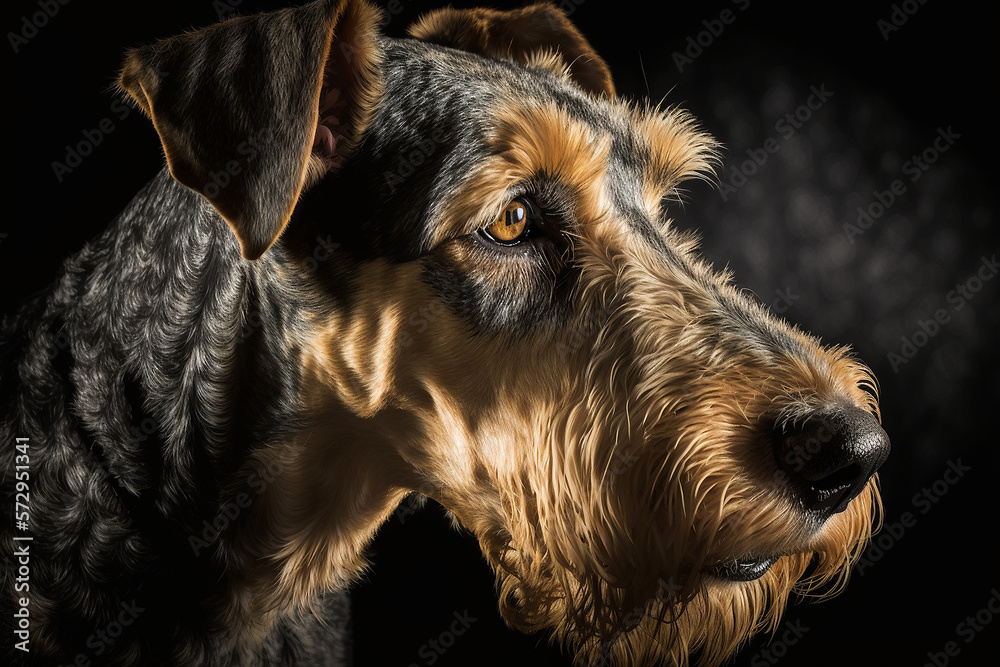 Airedale terrier dog close up portrait in the studio black background Airedale terrier dog close up portrait in the studio black background