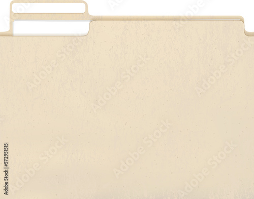 Manila kraft folder with cut tab and papers isolated on white. Paper case archive for document and reports. Craft paper with grainy texture. Beige blank cardboard. Recycled package vector illustration