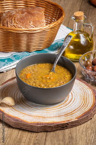 Fakes a traditional Greek vegetarian soup made from brown lentils photo