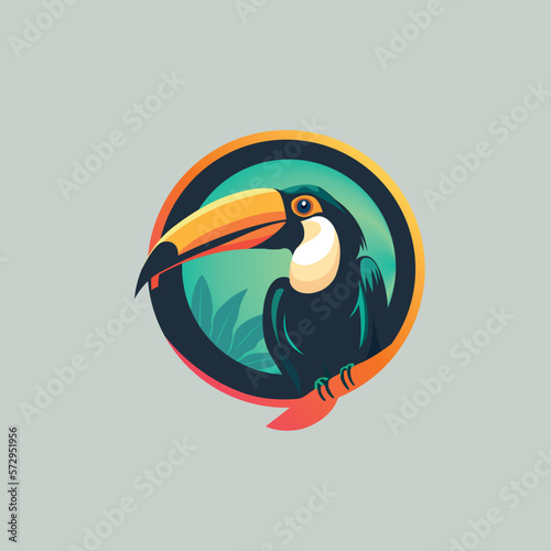 Toucan on branch logo wild nature. Printing on clothes. Logo bird bright colors