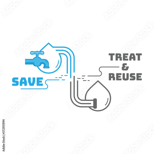 Water drop icon with tap link to greywater drop with sewage symbol as a gimmick of using water sustainably. Vector illustration outline flat design style.