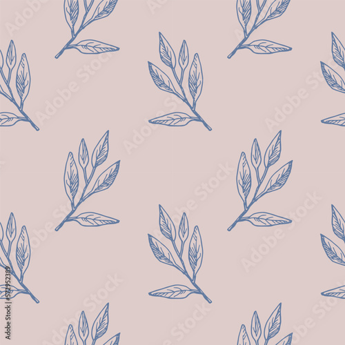 Seamless repeating pattern with sage leaves on a delicate pink background, floral motif. Ornament with plant branches in a pattern for textiles, wrapping paper and packaging design.