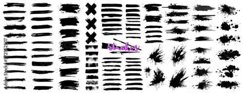 Сreative grunge graphic box, paintbrush, ink brush stroke, lines and splashes. Rectangle text boxes for social media and network. Dirty graphic texture, brushes and dried paint strokes. Vector