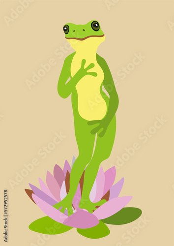 Frog in water lily. Vector isolated illustration. Birth of Aphrodite.