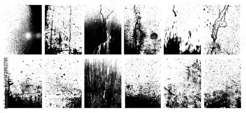 Street and urban textures with effect grunge, grain, spray, crack. Vector Overlay texture stamps. Old, vintage with grain and noise. Template stamps with various effects. Abstract background template