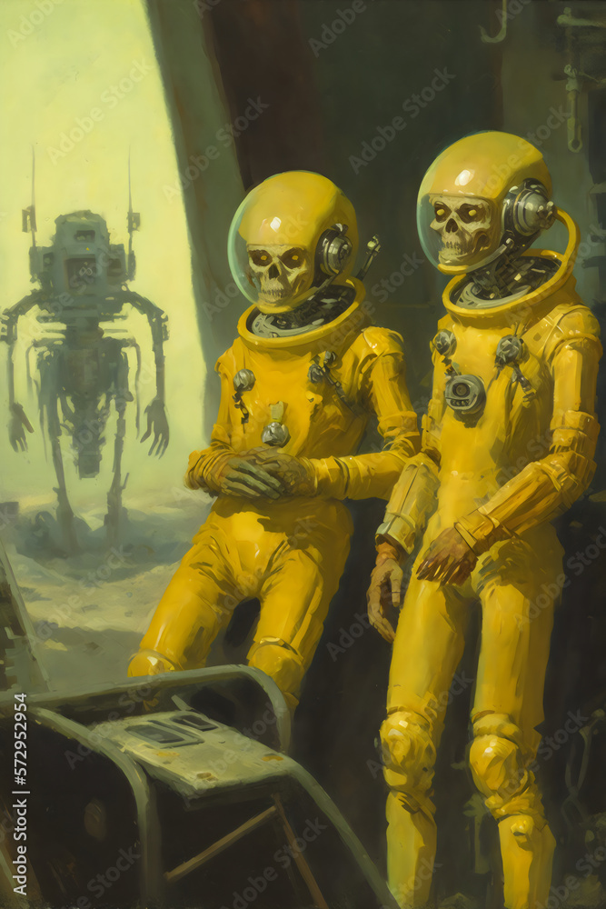 vintage scifi painting of two yellow skeletal aliens and a robot
