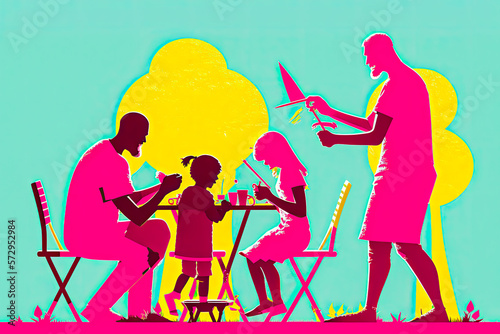 a young family with parents and children enjoys a picnic outdoors in the garden (generative ai) vector pop art duotone illustration, colourful pink, blue, yellow illsustration photo