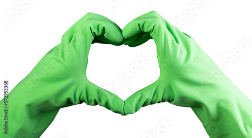 Obraz na plátně Heart-shaped hands, gesture of cleaner in green rubber gloves