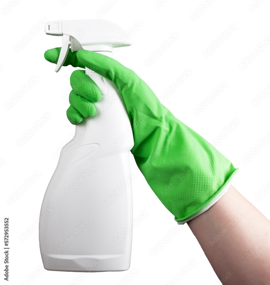Hand in green glove holding spray bottle mockup, liquid chemical in blank package mock up isolated on white background - obrazy, fototapety, plakaty 