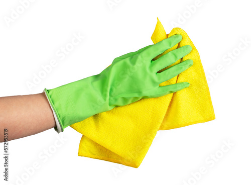 Hand in glove wiping, cleaning, polishing with microfiber cloth isolated on white