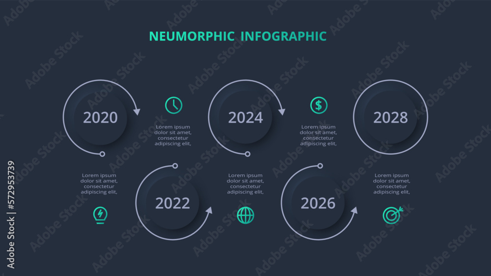 Neumorphic flowchart dark iinfographic. Creative concept for infographic with 5 steps, options, parts or processes.
