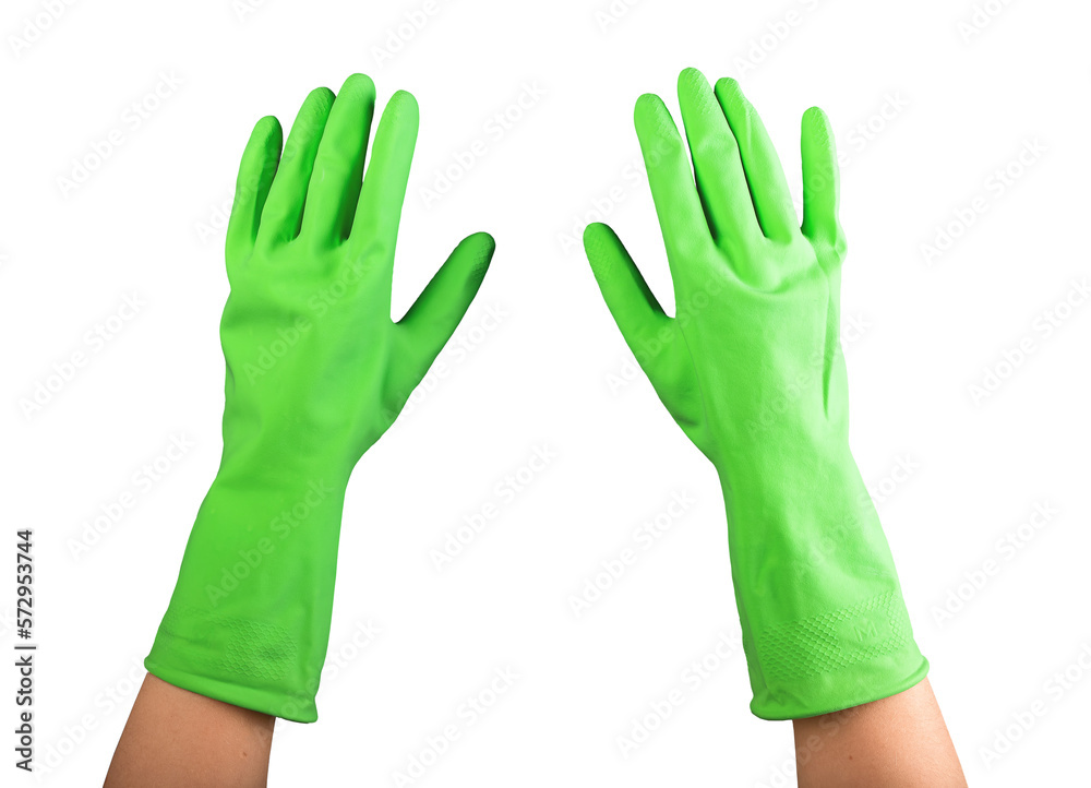 Obraz premium Hands of cleaner in green rubber protective gloves isolated on white background