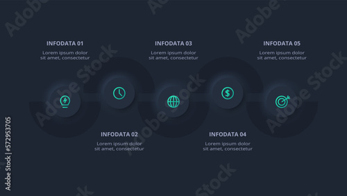 Neumorphic flowchart dark iinfographic. Creative concept for infographic with 5 steps, options, parts or processes.