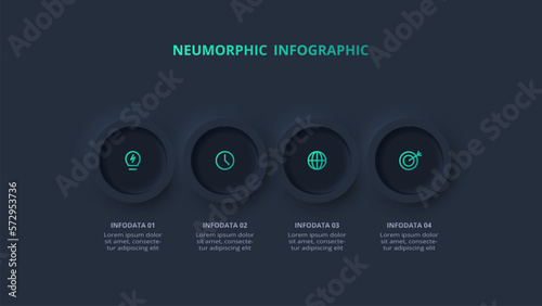 Neumorphic flowchart dark iinfographic. Creative concept for infographic with 4 steps, options, parts or processes.