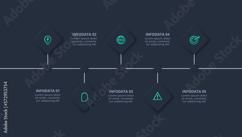 Neumorphic flowchart dark iinfographic. Creative concept for infographic with 5 steps, options, parts or processes.