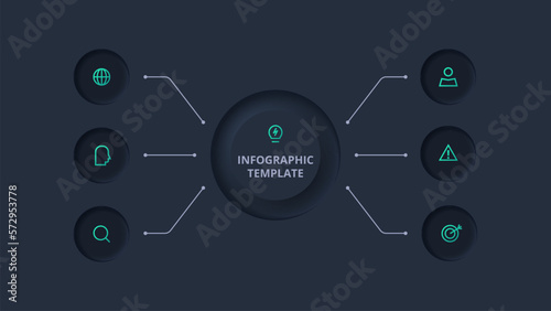 Neumorphic flowchart dark iinfographic. Creative concept for infographic with 6 steps, options, parts or processes.