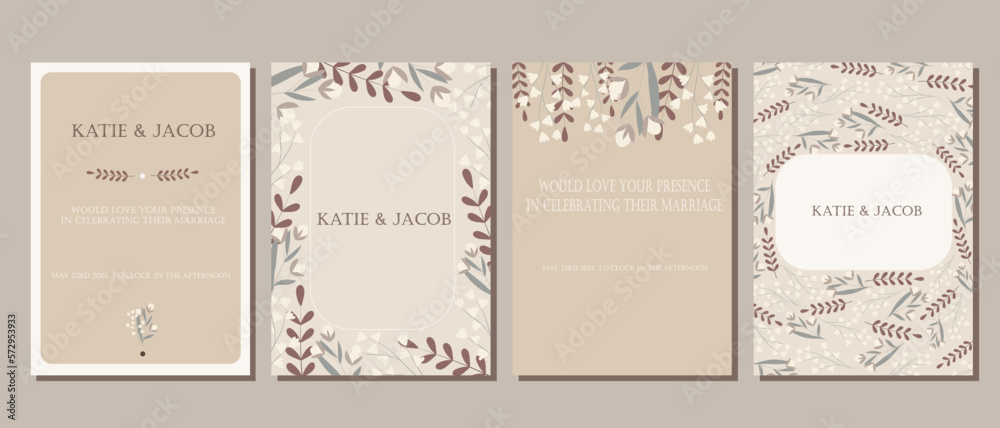 A set of postcards. Wedding invitation. Leaves and flowers in delicate colors