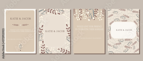 A set of postcards. Wedding invitation. Leaves and flowers in delicate colors © Ira Shtoina
