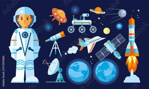 Set of various space exploration elements: spacecraft, space satellite, orbital station, saturn, earth, astronaut, rocket, rover, locator, telescope, moon, star, alien ship. Flat isolated illustration