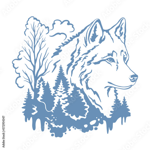 Vector illustration of a howling wolf with a mountain landscape. For t-shirt prints, posters, and other uses double exposure