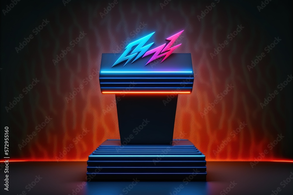 Illustration of a neon laser fluorescent sci-fi light shining on concrete in a dark space with abstract backdrops and a bare podium on show for a sale or amusement ad. Generative AI - obrazy, fototapety, plakaty 
