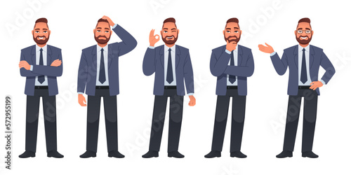 Bearded man in a jacket, trousers, shirt and tie stands in different poses. Man in full growth character set. A businessman stands with his arms crossed, thinks about something, shows an OK sign