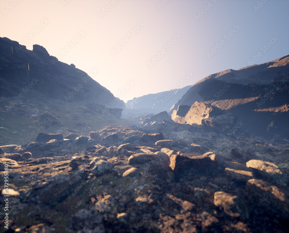 Misty rocky landscape under clear blue sky. 3D render.