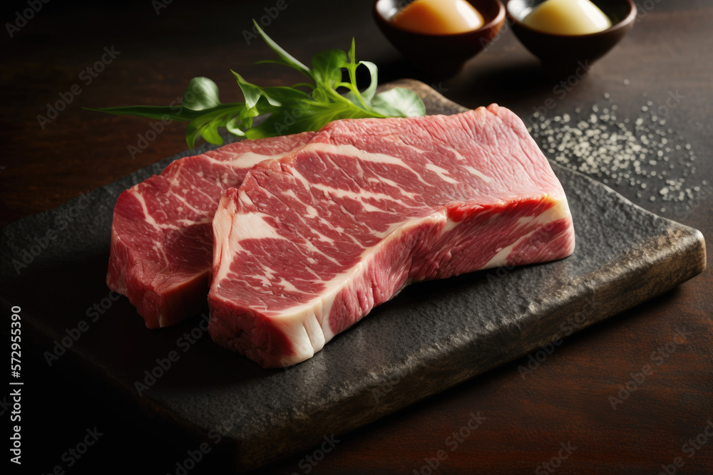 Grilled japanese wagyu sirloin steak. Raw dry aged wagyu entrecote beef steak roast as close up on cutting board. generative AI illustration. Grilled japanese wagyu sirloin steak. Raw dry aged wagyu entrecote beef steak roast as close up on cutting board. generative AI illustration.