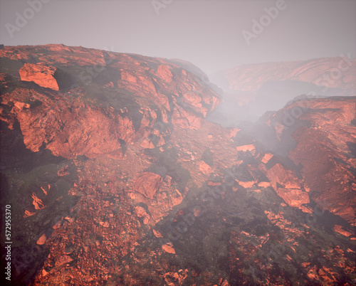 Fototapeta Naklejka Na Ścianę i Meble -  Rugged rocky landscape in mist. 3D render.