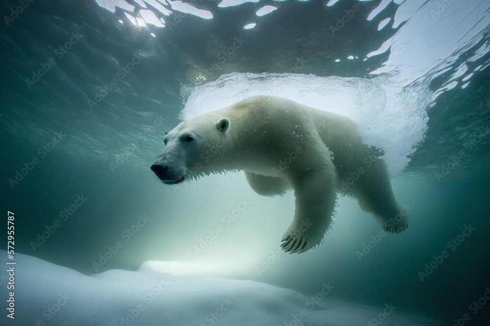 Polar bear swimming under ice. Generative Ai. 