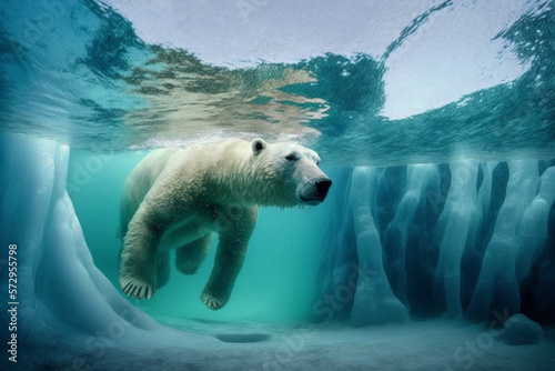 Polar bear swimming under ice. Generative Ai. 