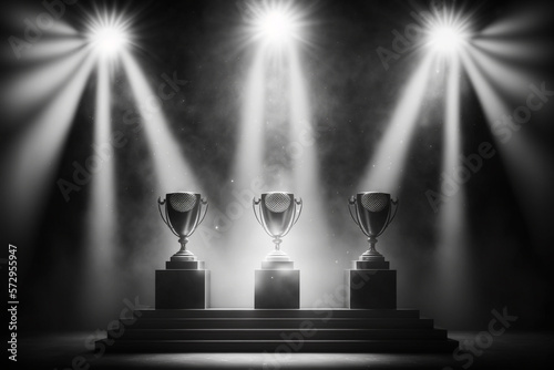 Winner podium with trophies after a sports event. Generative AI. 