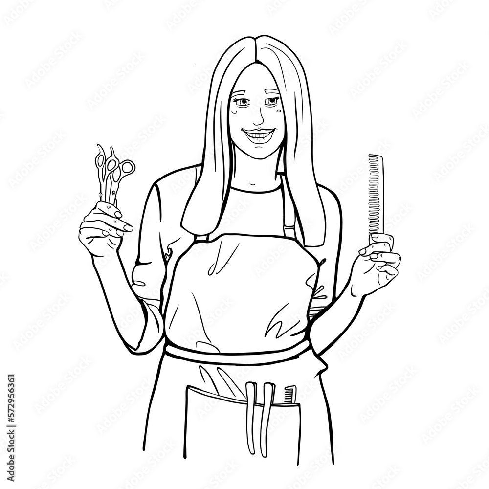 Girl hairdresser in scissors for a haircut and a comb in her hands, line drawing 5th, black and white for advertising a hairdressing salon or beauty salon Girl hairdresser in scissors for a haircut and a comb in her hands, line drawing 5th, black and white for advertising a hairdressing salon or beauty salon