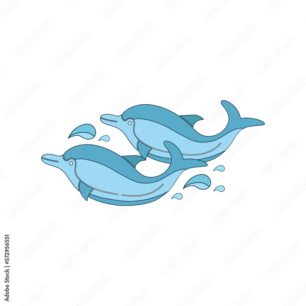 Obraz premium Two dolphins on the waves. Vector in sketch style.