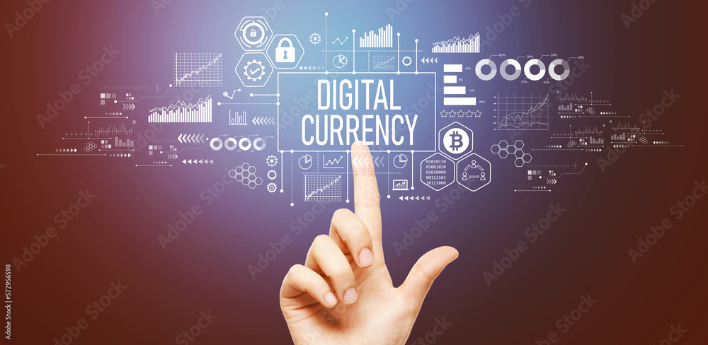 Digital currency theme with hand pressing a button on a technology screen Digital currency theme with hand pressing a button on a technology screen