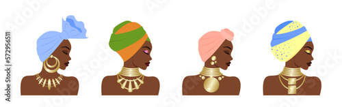 Beautiful African women in a national headdress and with gold, jewelry isolated on a white background. Female portrait in profile. Cute dark-skinned girl with colorful headscarf, earring and necklace