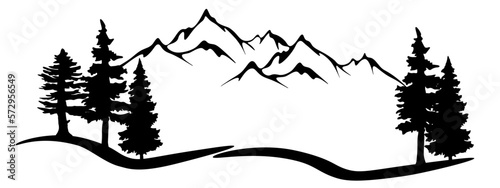 Black silhouette of mountains and fir trees camping landscape panorama illustration icon vector for logo, isolated on white background.