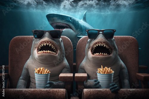 A couple of sharks wearing cinema glasses and enjoying popcorn during the film. Generative AI