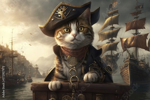 Pirate cat with hat on treasure chest illustration generative ai illustration generative ai