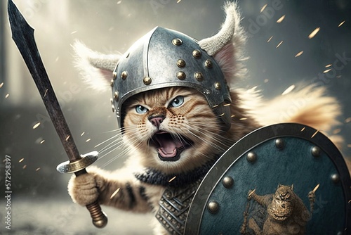 cat in a viking helmet holds a spear and a shield illustration generative ai photo